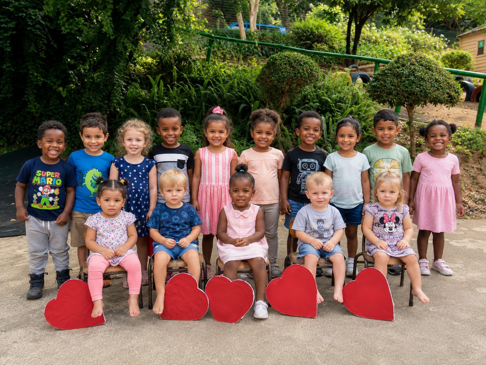 Children's World pupils together, holding heart cut-outs