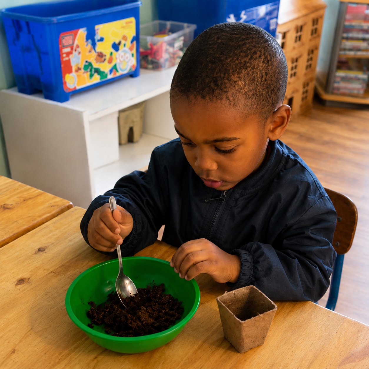 A boy carefully spooning soil into a pot at planting time