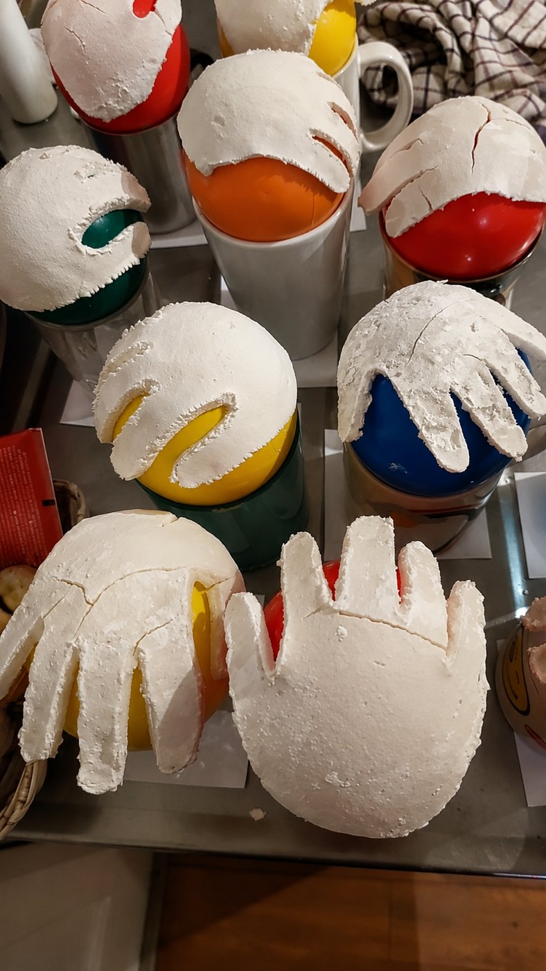 Plaster hand casts set over balloons, drying before they are painted