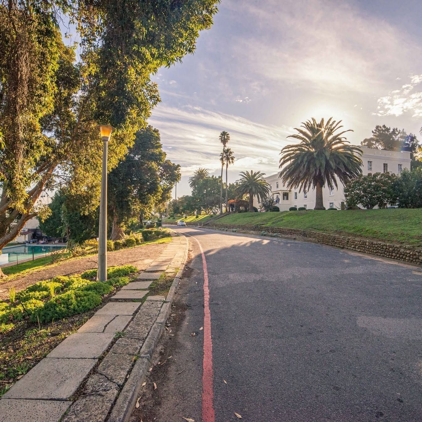 The main campus drive that leads you to Children’s World, lined with trees and gardens, in the afternoon sun.