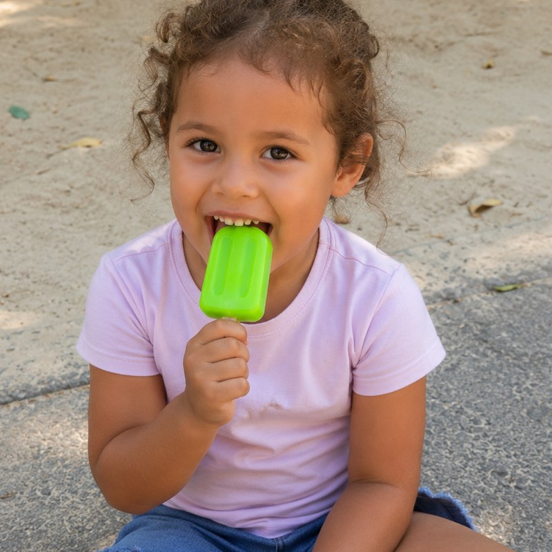 A little girl sitting outside enjoying a green ice lolly