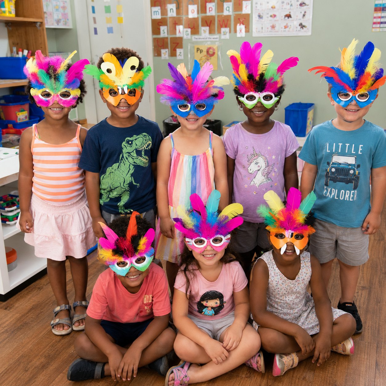 The class showing off the bright feather masks they made themselves