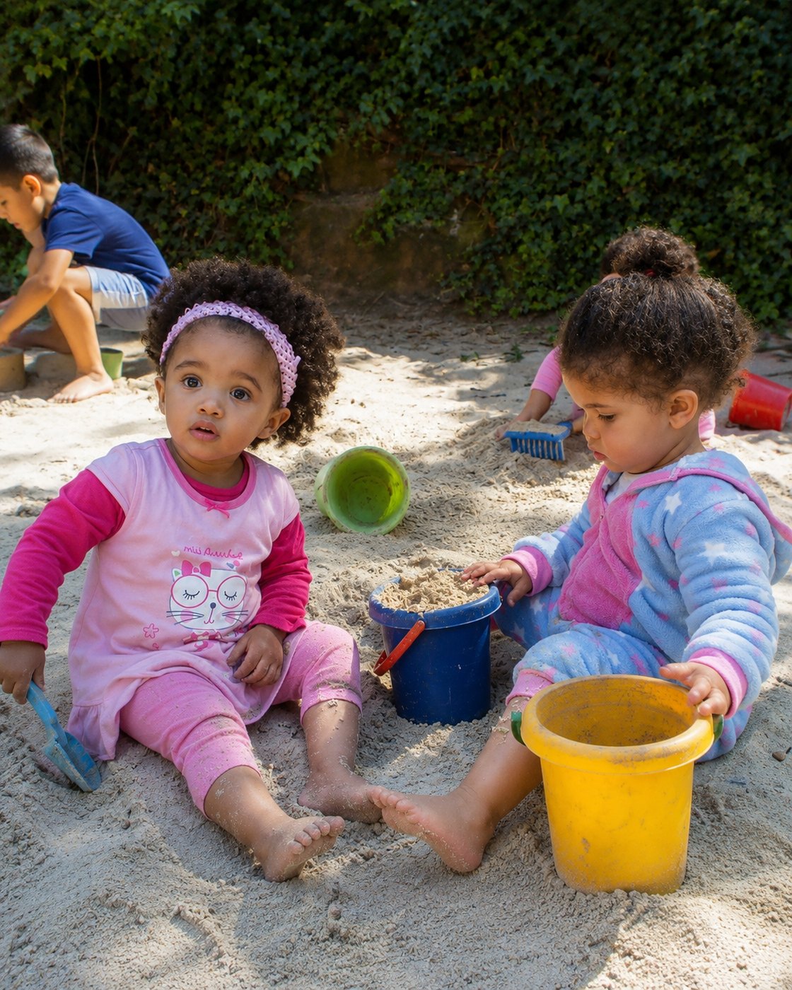 Two of our youngest children digging with buckets and spades in the sand pit