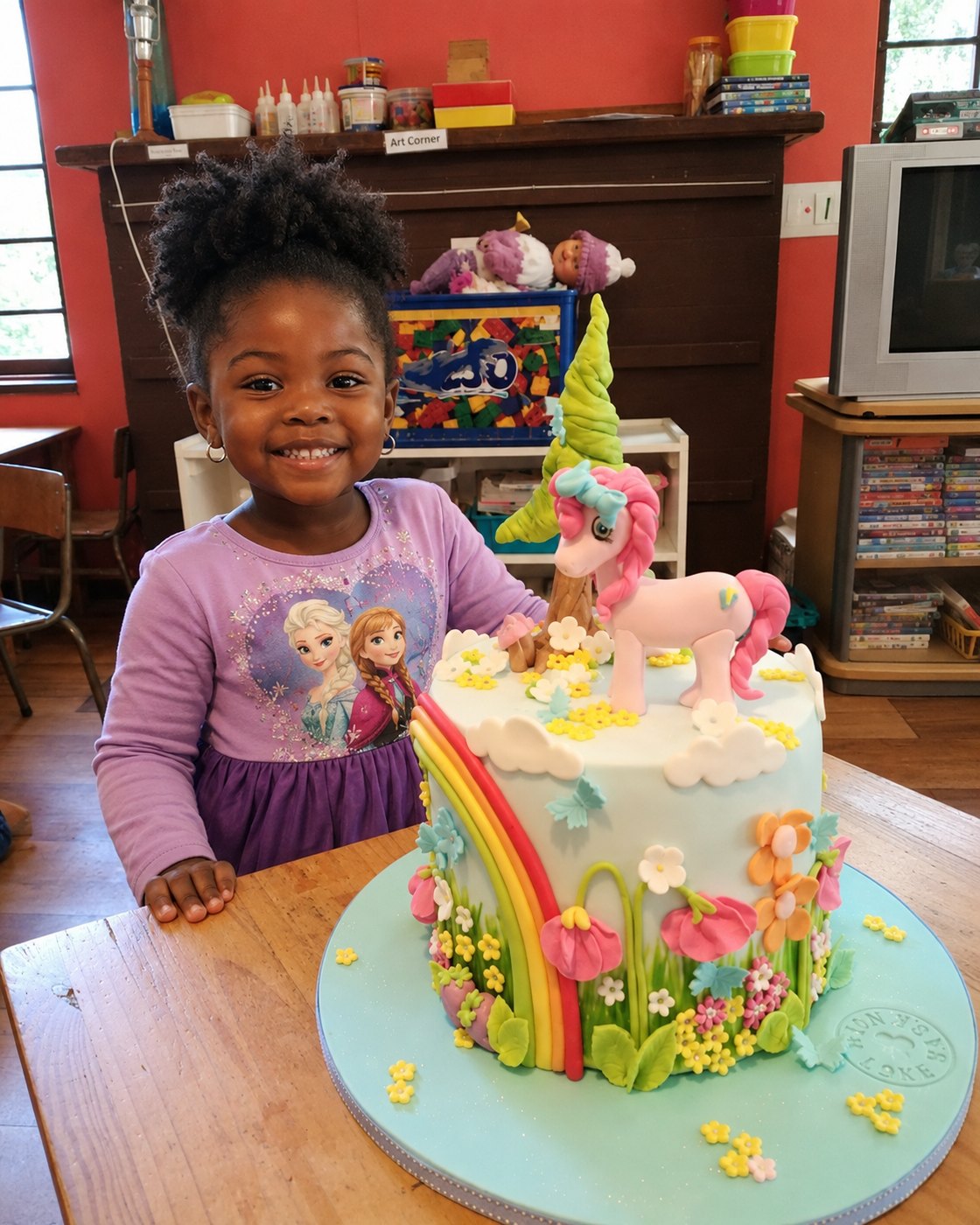 A birthday unicorn cake, complete with rainbow and sugar flowers